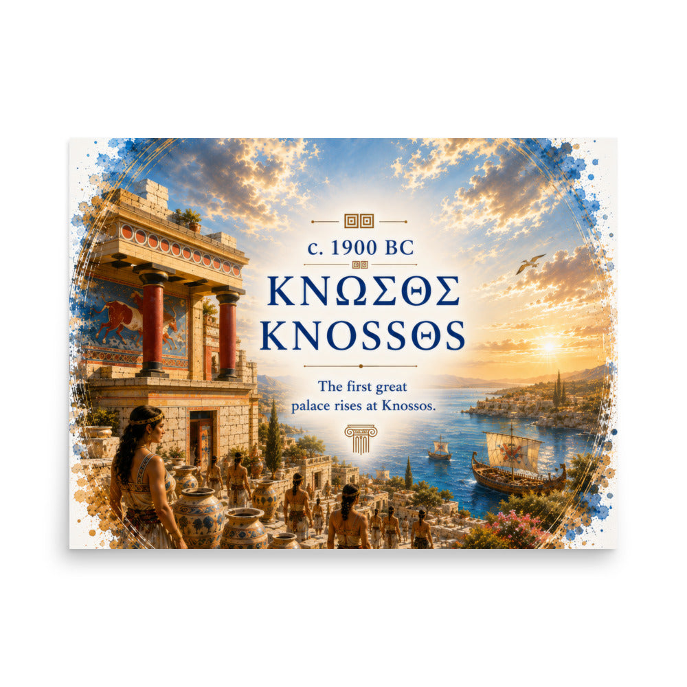 Illustrated poster interpreting ancient Knossos and Bronze Age Crete, 18″×24″ size.