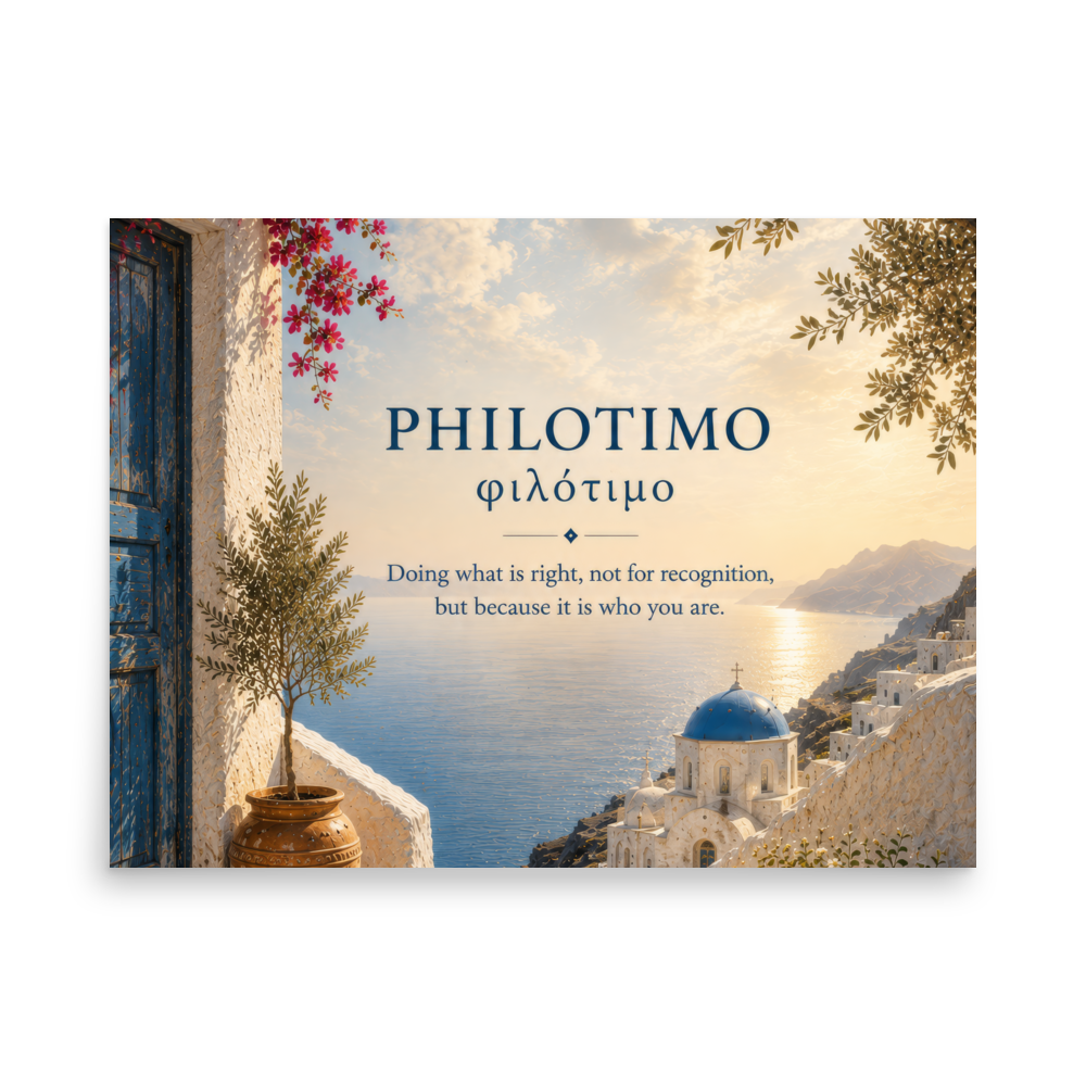 Poster featuring an artful design around the Greek concept of philotimo, 18″×24″ size.