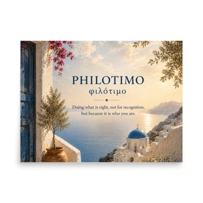 Poster featuring an artful design around the Greek concept of philotimo, 18″×24″ size.
