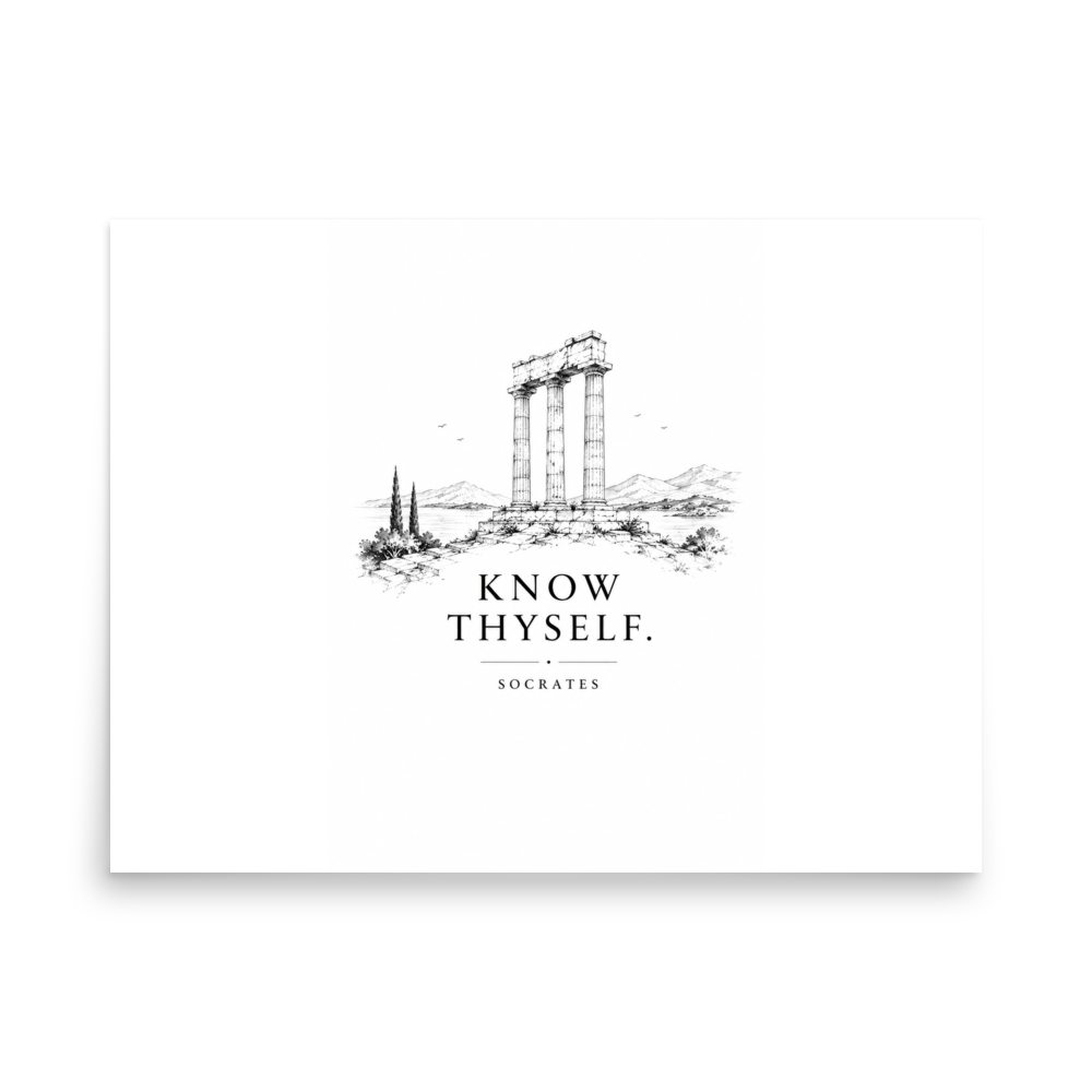 Poster featuring classical ruins and the Greek maxim “Know Thyself” in centered typography — additional product photo.