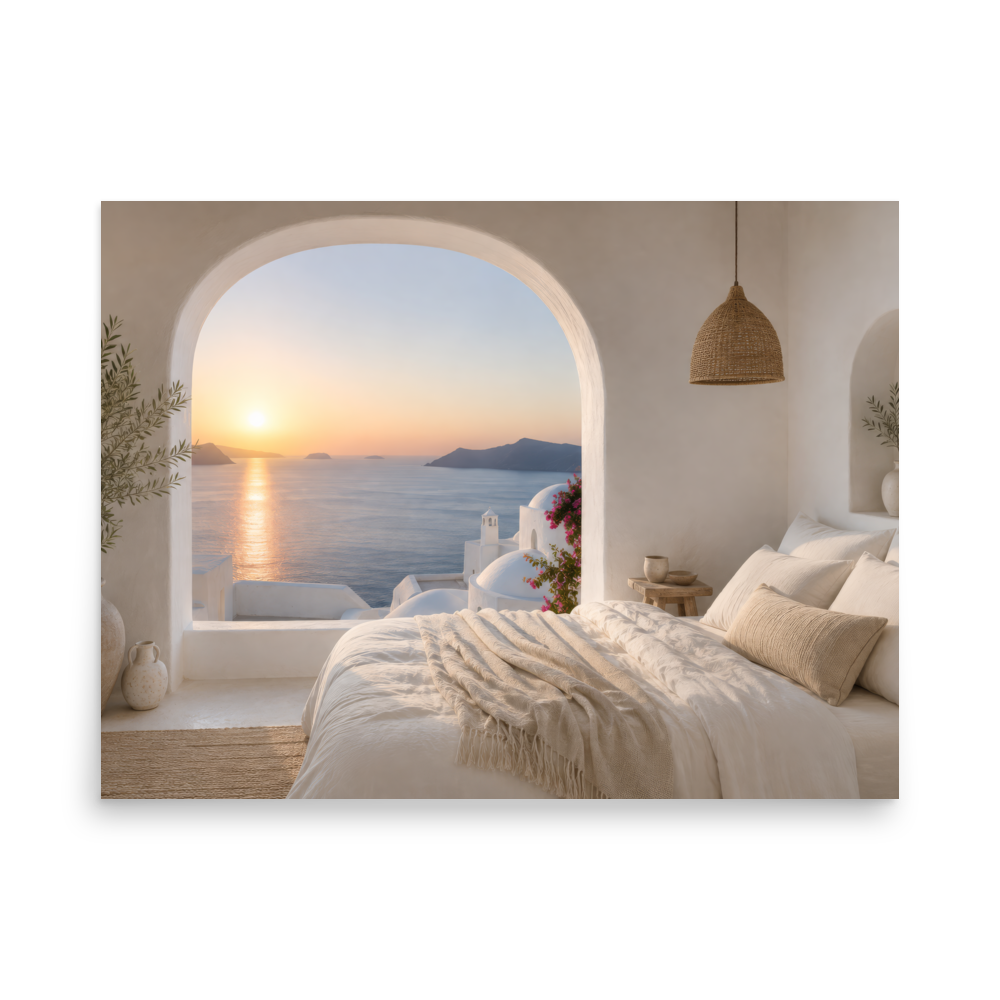 Illustrated Greek-island bedroom scene with whitewashed walls and sea-blue light — additional product photo.