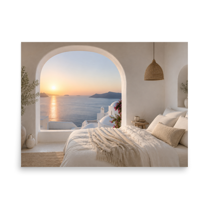 Illustrated Greek-island bedroom scene with whitewashed walls and sea-blue light — additional product photo.
