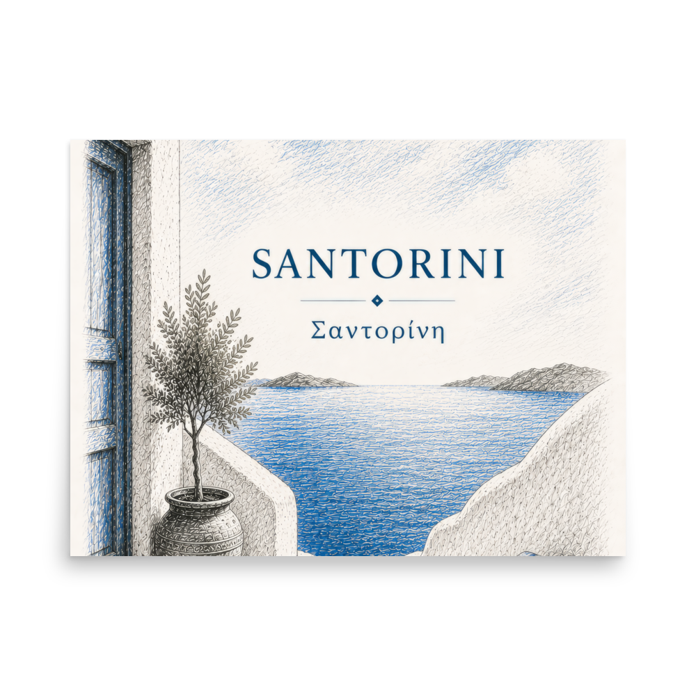 Hand-drawn sketch-style poster of Santorini's cliffside, whitewashed architecture, 18″×24″ size.