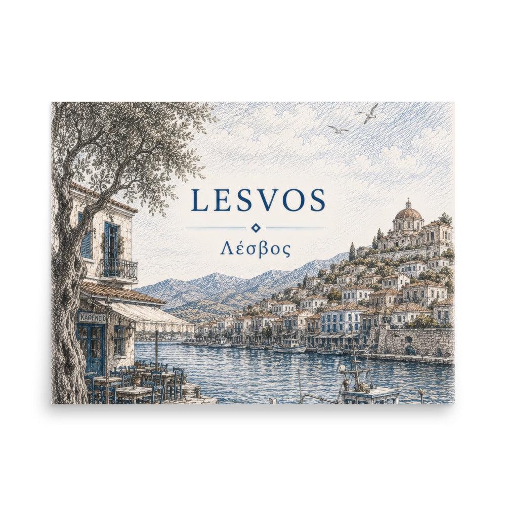 Lesvos destination poster from the Hellenic Sketch Archive collection, 18″×24″ size.