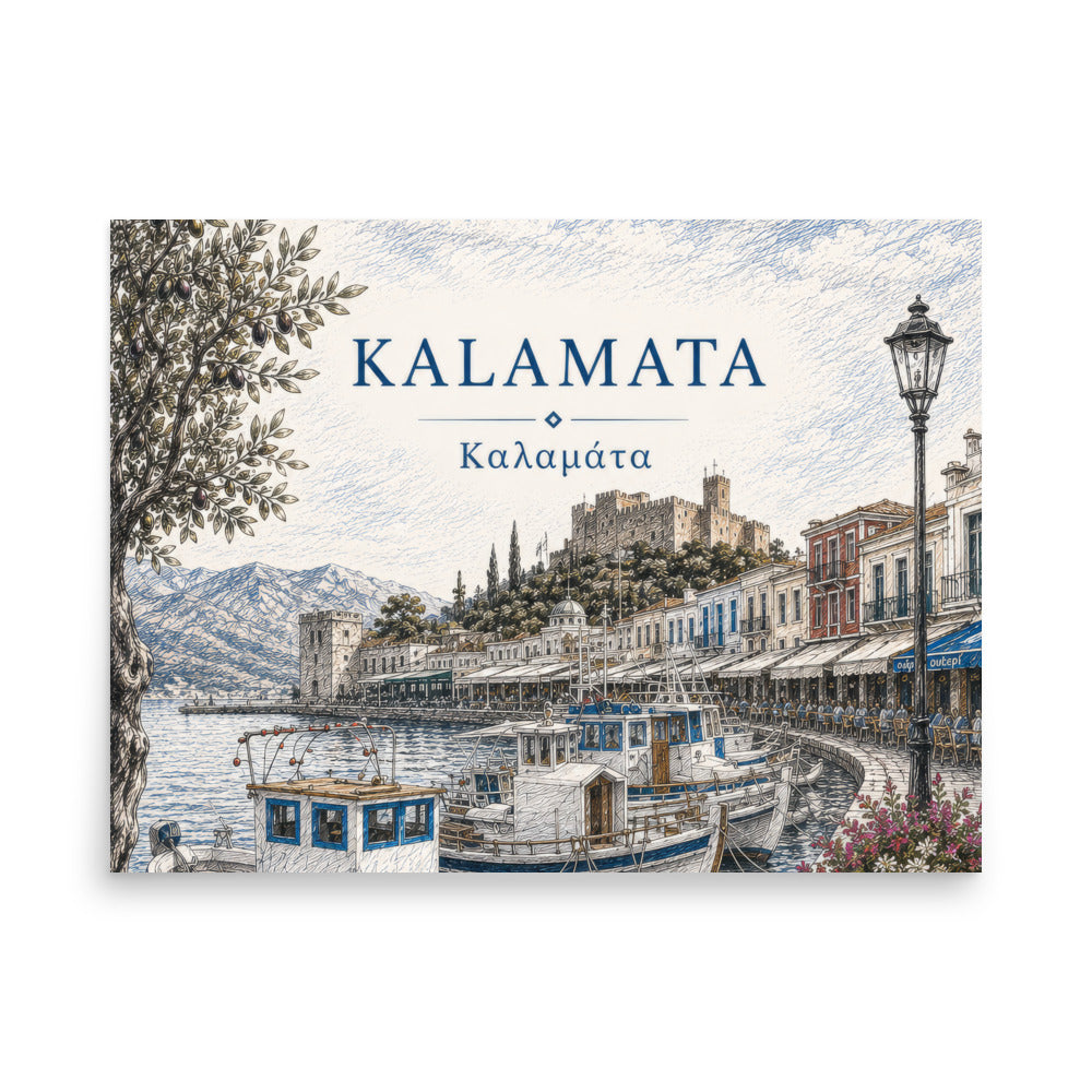 Illustrated Kalamata, Greece harbor scene with fishing boats, waterfront buildings, mountains, and an olive tree, titled “KALAMATA” and “Καλαμάτα”, 18″×24″ size.