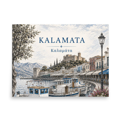 Illustrated Kalamata, Greece harbor scene with fishing boats, waterfront buildings, mountains, and an olive tree, titled “KALAMATA” and “Καλαμάτα”, 18″×24″ size.