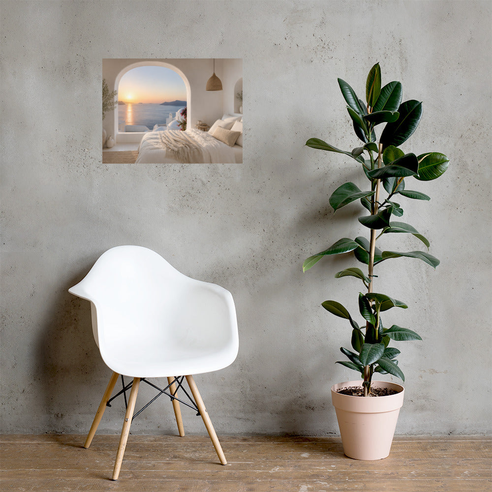 Illustrated Greek-island bedroom scene with whitewashed walls and sea-blue light — additional product photo.