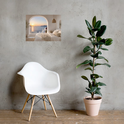 Illustrated Greek-island bedroom scene with whitewashed walls and sea-blue light — additional product photo.