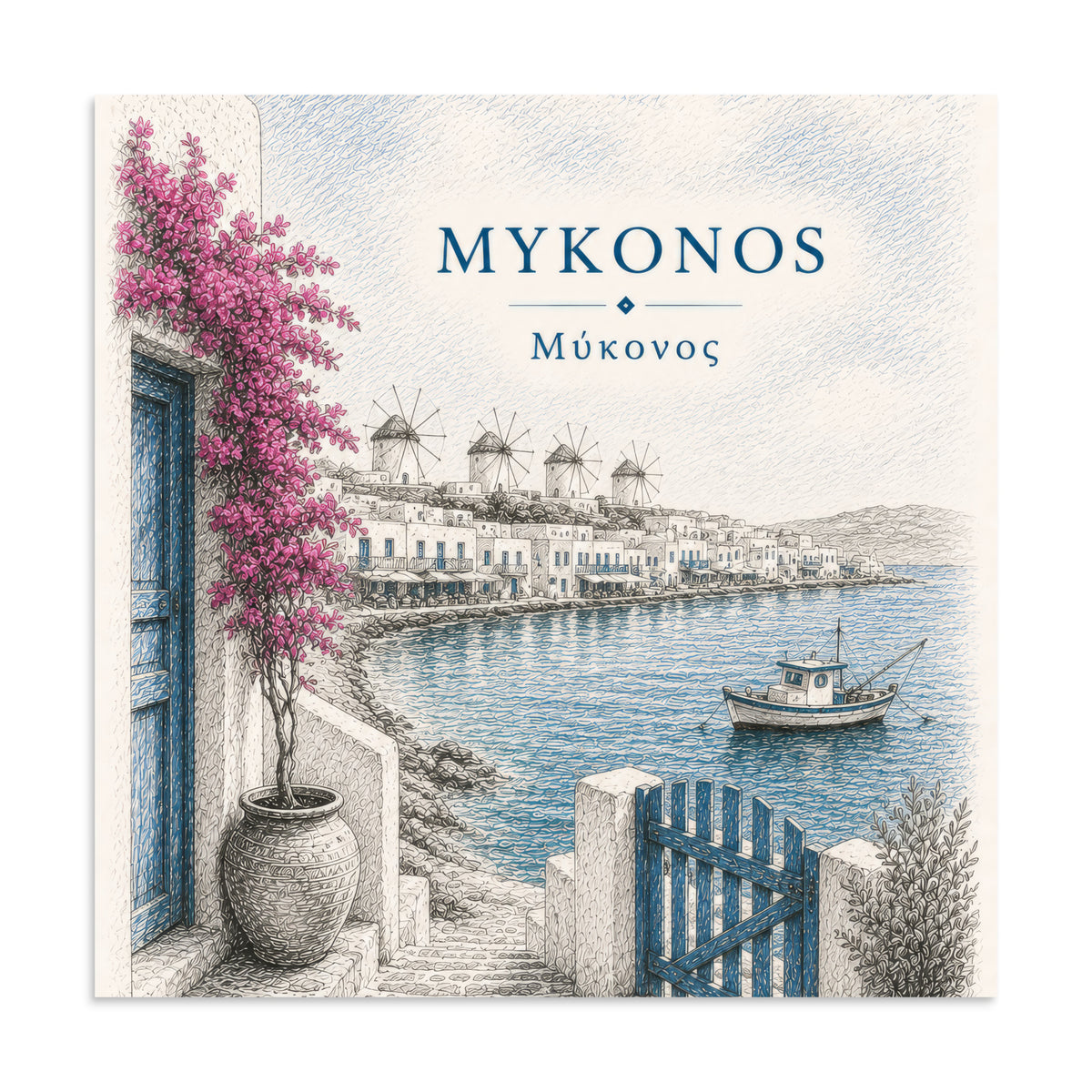 Hand-drawn sketch-style poster of Mykonos's whitewashed architecture, 20″×20″ size.