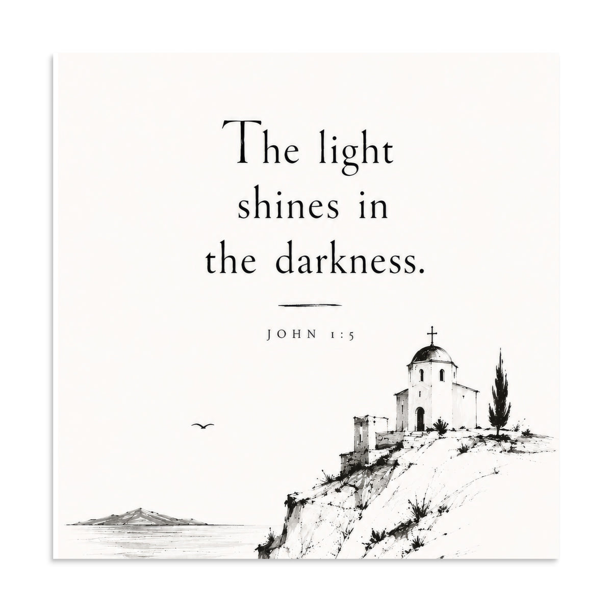 Scripture poster featuring John 1:5 and the theme of light overcoming darkness, 20″×20″ size.