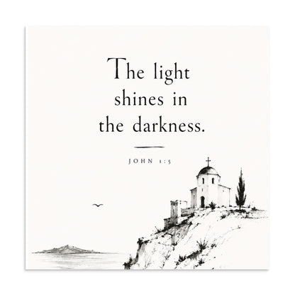 Scripture poster featuring John 1:5 and the theme of light overcoming darkness, 20″×20″ size.