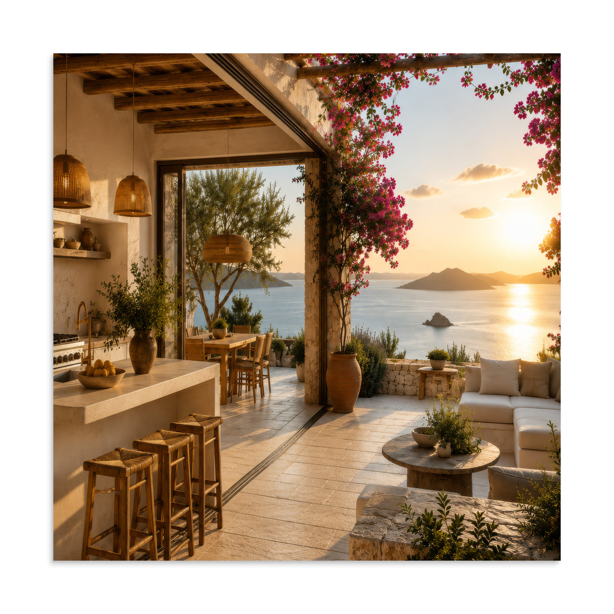 Illustrated poster of a Mediterranean kitchen inspired by the Ionian islands, 20″×20″ size.