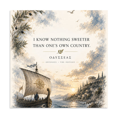 Illustrated poster depicting Odysseus and the journey of The Odyssey, 20″×20″ size.