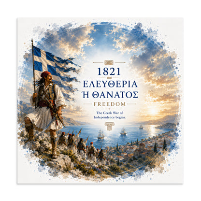 Poster honoring the 1821 Greek Revolution and the phrase Eleftheria i Thanatos, 20″×20″ size.