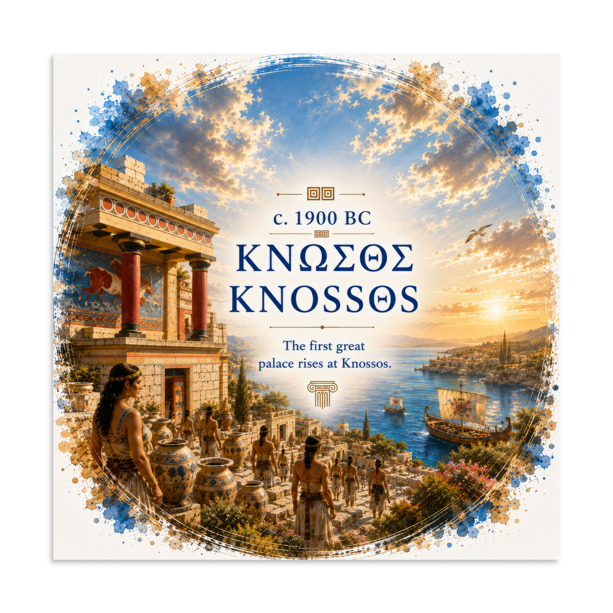 Illustrated poster interpreting ancient Knossos and Bronze Age Crete, 20″×20″ size.