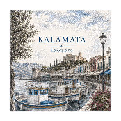 Illustrated Kalamata, Greece harbor scene with fishing boats, waterfront buildings, mountains, and an olive tree, titled “KALAMATA” and “Καλαμάτα”, 20″×20″ size.