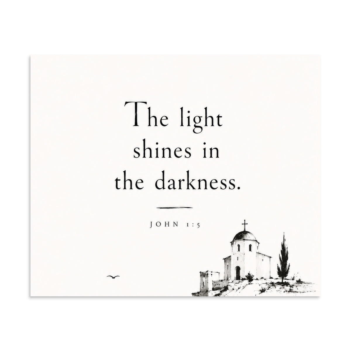 Scripture poster featuring John 1:5 and the theme of light overcoming darkness, 20″×24″ size.