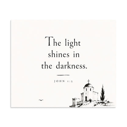 Scripture poster featuring John 1:5 and the theme of light overcoming darkness, 20″×24″ size.