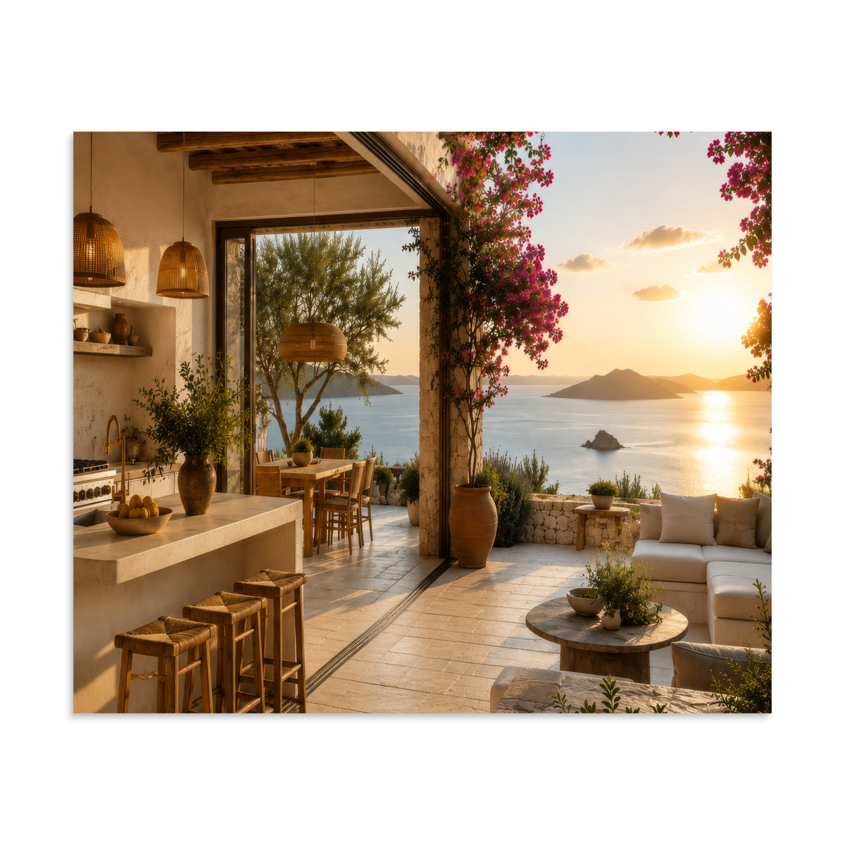 Illustrated poster of a Mediterranean kitchen inspired by the Ionian islands, 20″×24″ size.