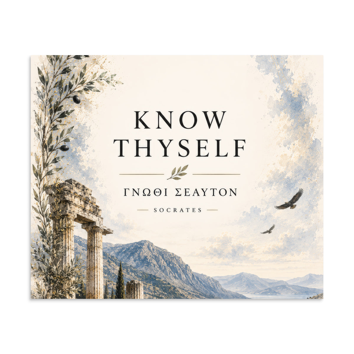 Poster featuring classical ruins and the Greek maxim “Know Thyself” in centered typography, 20″×24″ size.