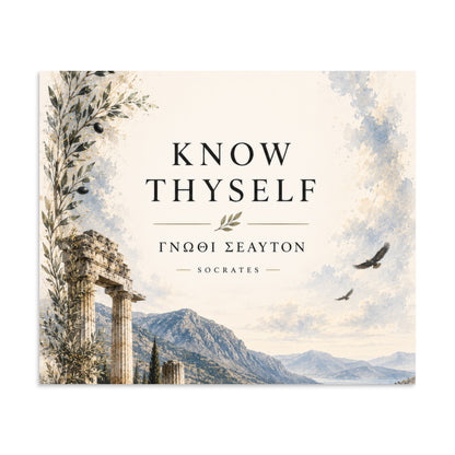 Poster featuring classical ruins and the Greek maxim “Know Thyself” in centered typography, 20″×24″ size.