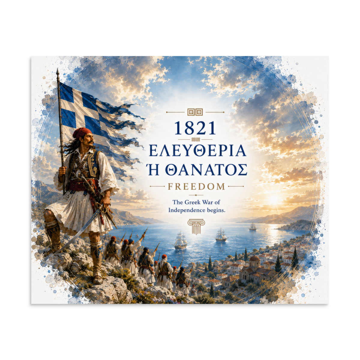 Poster honoring the 1821 Greek Revolution and the phrase Eleftheria i Thanatos, 20″×24″ size.