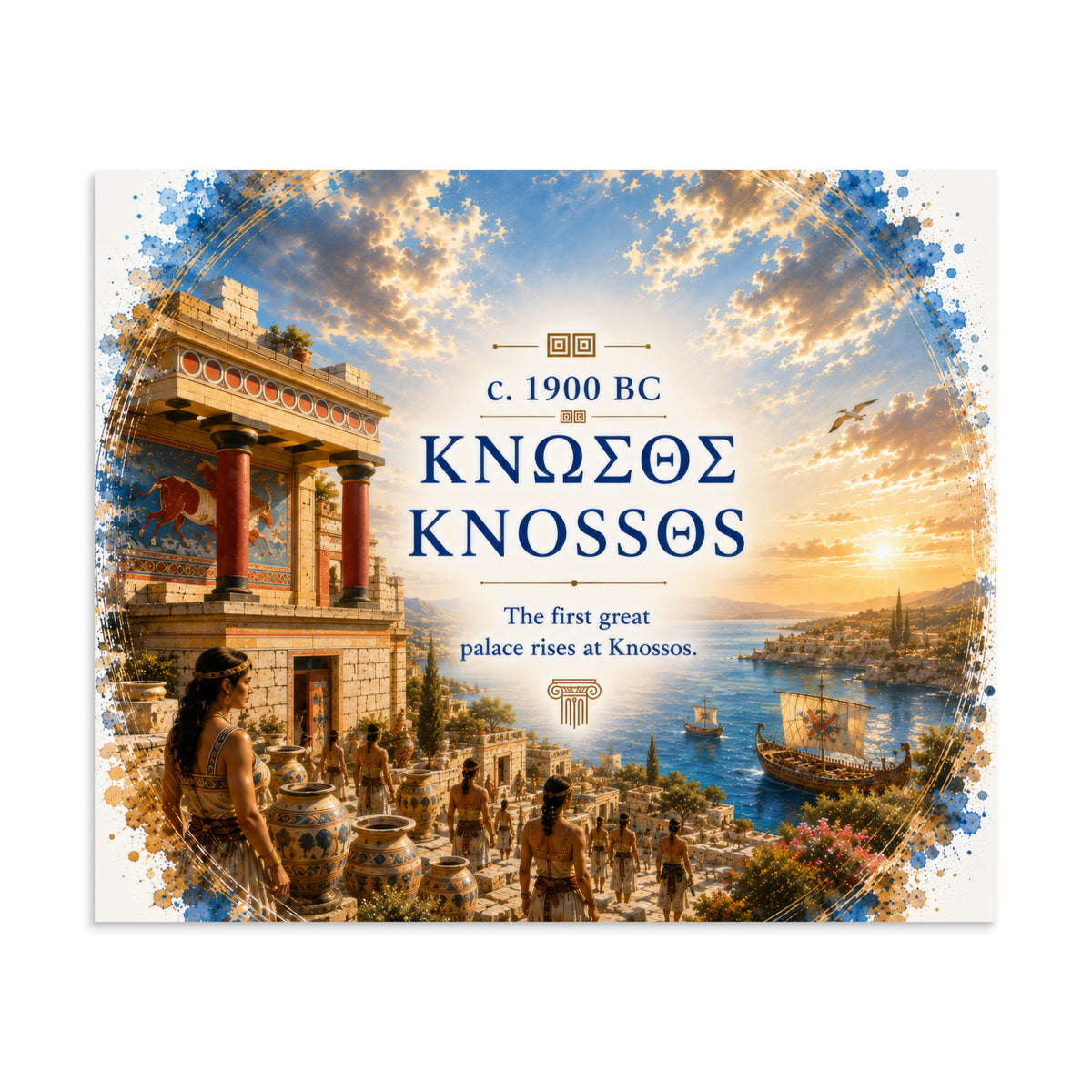 Illustrated poster interpreting ancient Knossos and Bronze Age Crete, 20″×24″ size.
