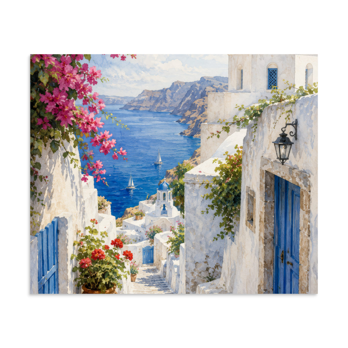 Illustrated poster of a Santorini courtyard scene, 20″×24″ size.