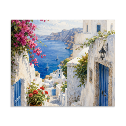 Illustrated poster of a Santorini courtyard scene, 20″×24″ size.