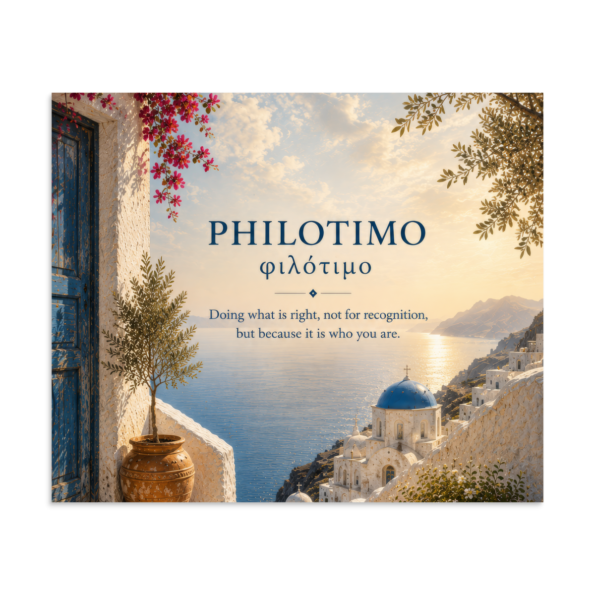 Poster featuring an artful design around the Greek concept of philotimo, 20″×24″ size.