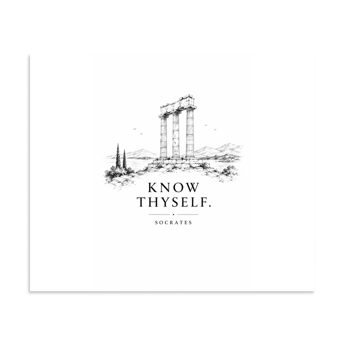 Poster featuring classical ruins and the Greek maxim “Know Thyself” in centered typography, 20″×24″ size.