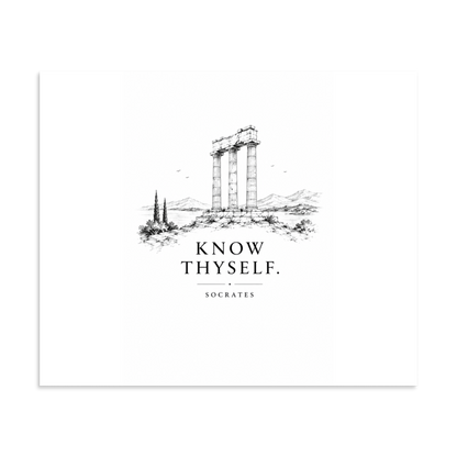 Poster featuring classical ruins and the Greek maxim “Know Thyself” in centered typography, 20″×24″ size.