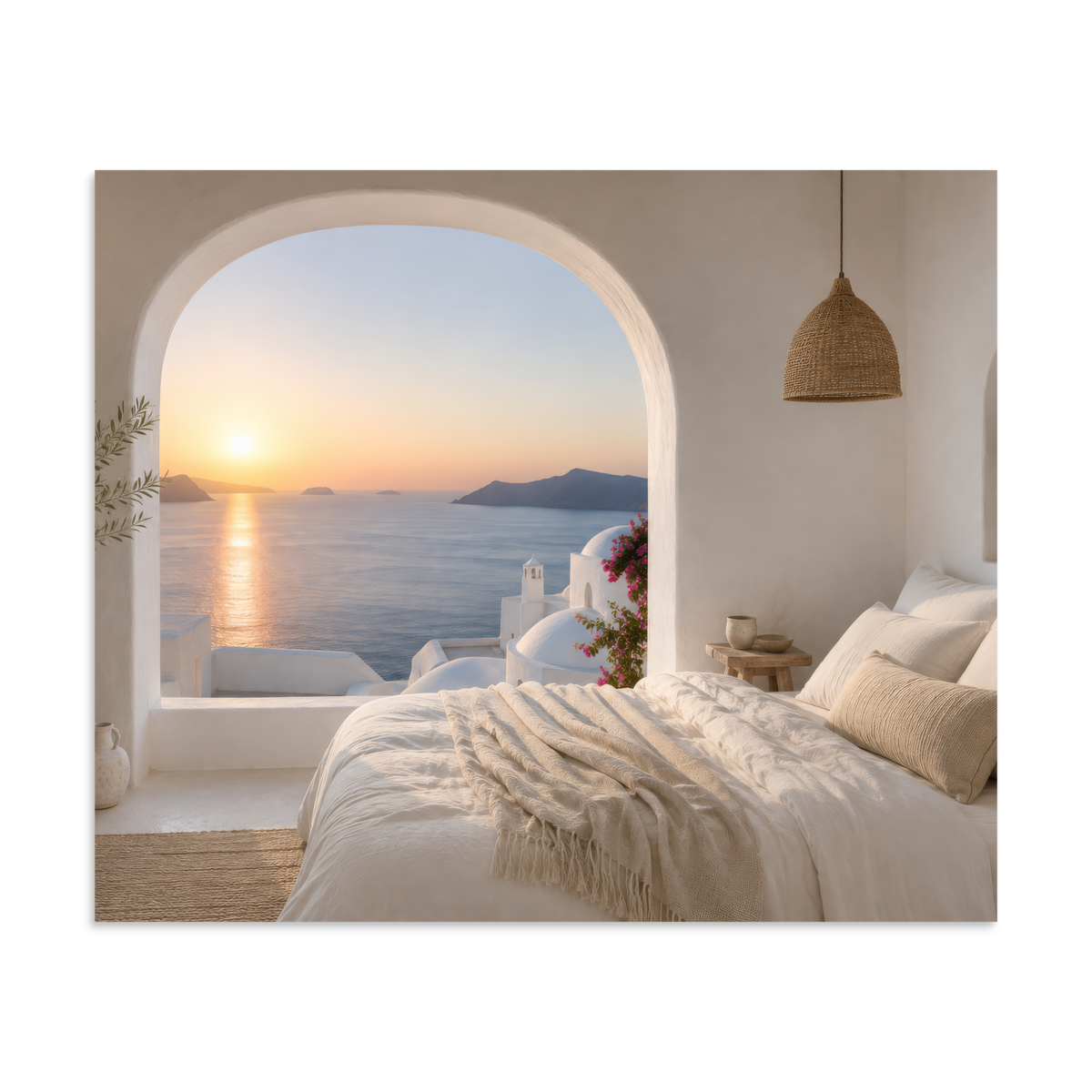 Illustrated Greek-island bedroom scene with whitewashed walls and sea-blue light, 20″×24″ size.