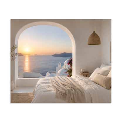 Illustrated Greek-island bedroom scene with whitewashed walls and sea-blue light, 20″×24″ size.