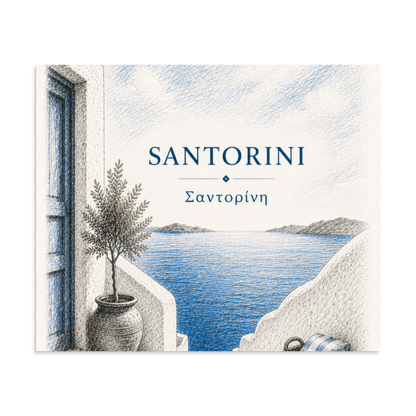 Hand-drawn sketch-style poster of Santorini's cliffside, whitewashed architecture, 20″×24″ size.