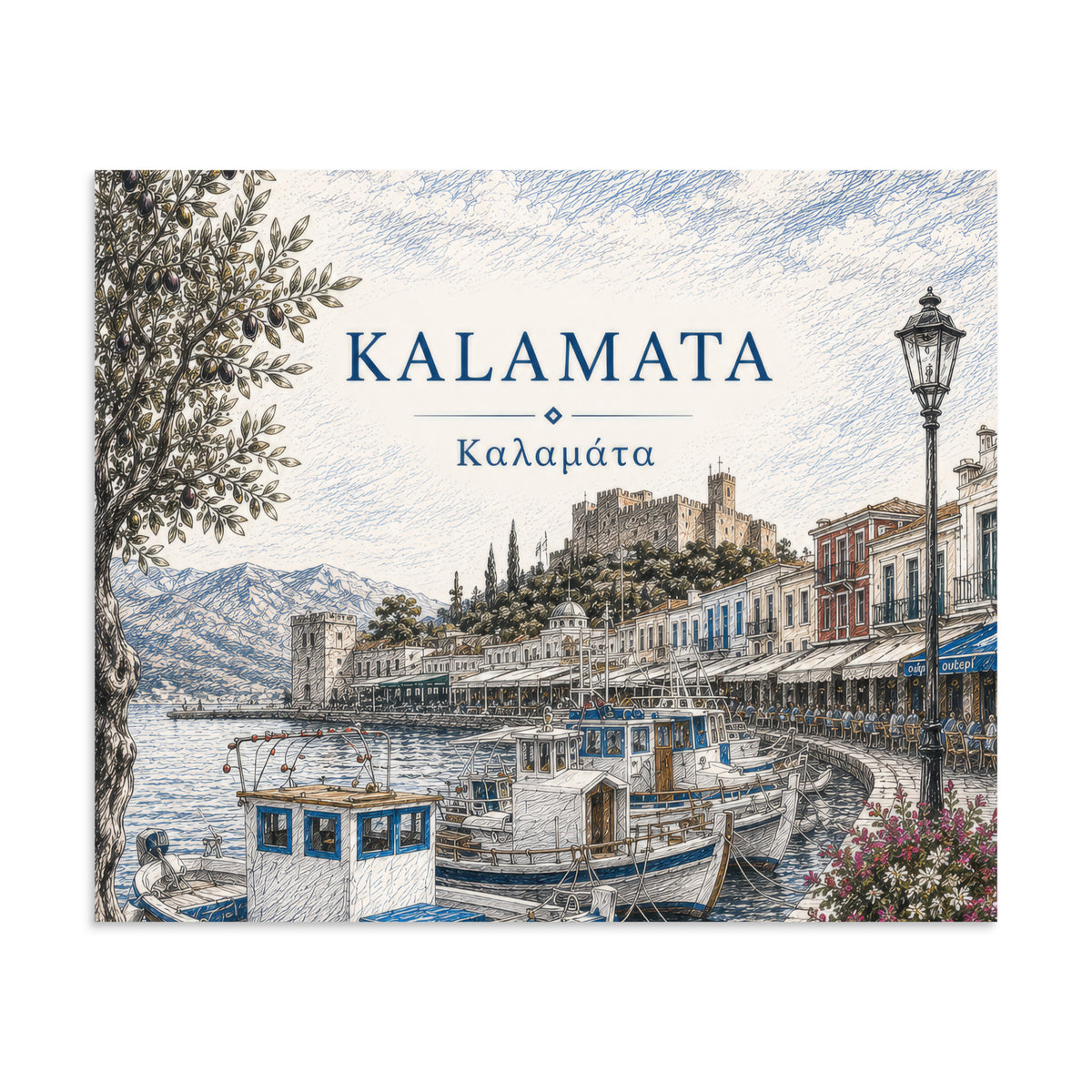 Illustrated Kalamata, Greece harbor scene with fishing boats, waterfront buildings, mountains, and an olive tree, titled “KALAMATA” and “Καλαμάτα”, 20″×24″ size.