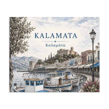 Illustrated Kalamata, Greece harbor scene with fishing boats, waterfront buildings, mountains, and an olive tree, titled “KALAMATA” and “Καλαμάτα”, 20″×24″ size.