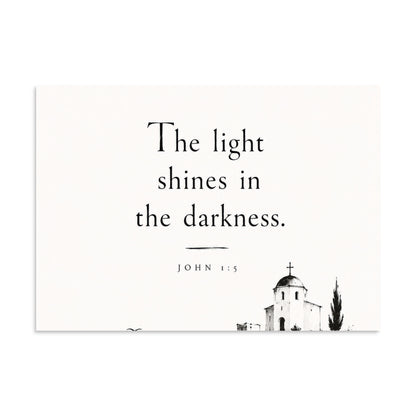 Scripture poster featuring John 1:5 and the theme of light overcoming darkness, 20″×28″ size.
