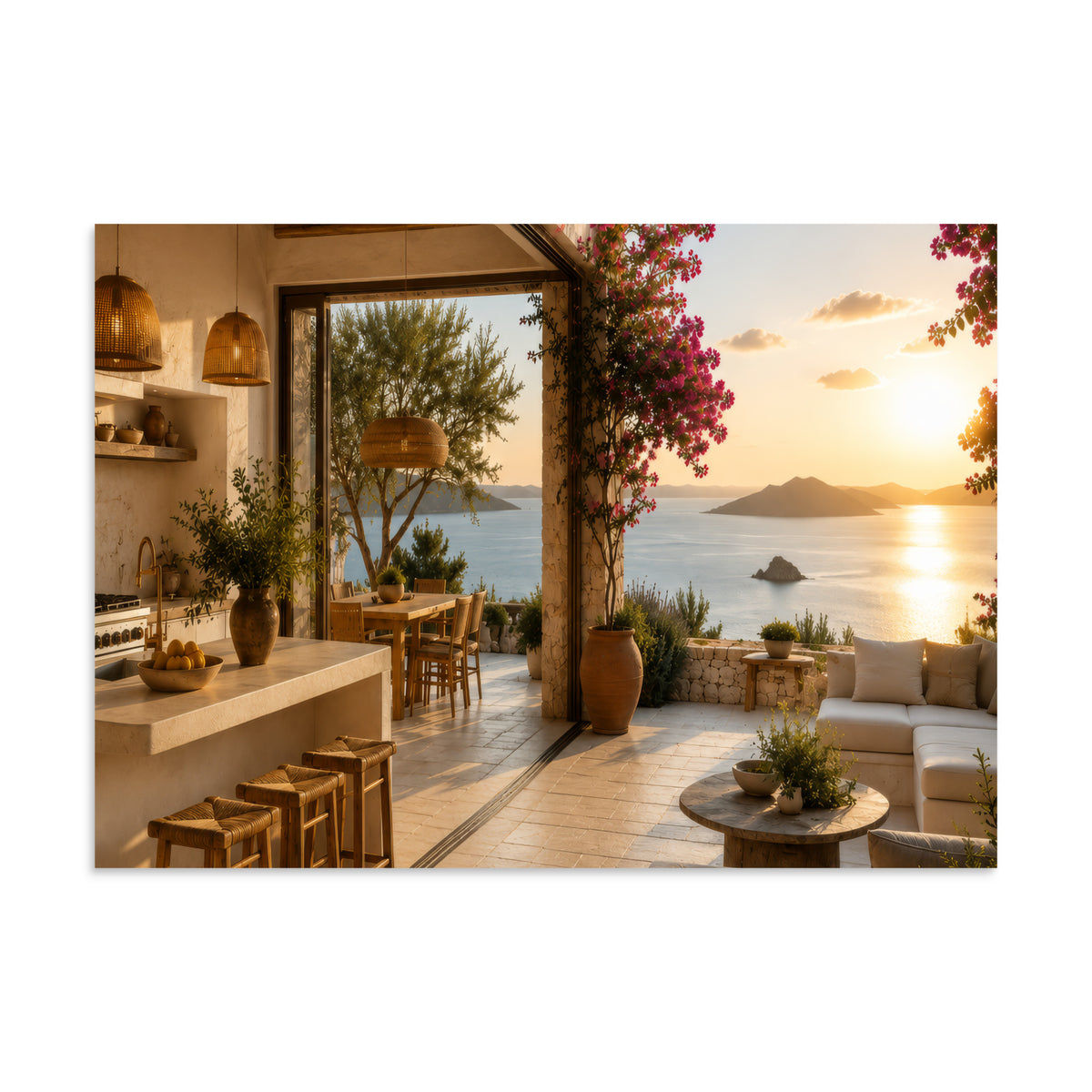 Illustrated poster of a Mediterranean kitchen inspired by the Ionian islands, 20″×28″ size.