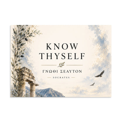 Poster featuring classical ruins and the Greek maxim “Know Thyself” in centered typography, 20″×28″ size.