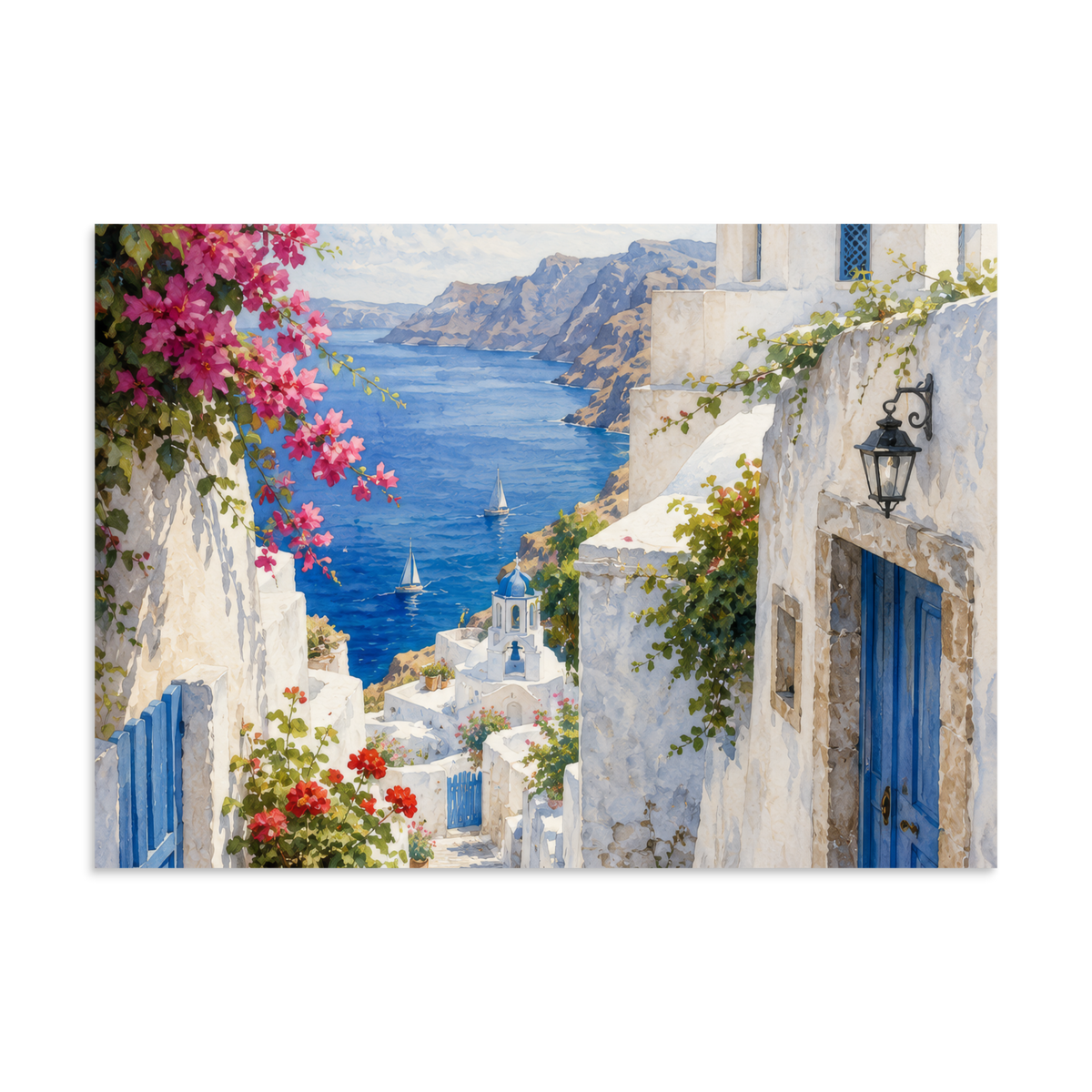 Illustrated poster of a Santorini courtyard scene, 20″×28″ size.