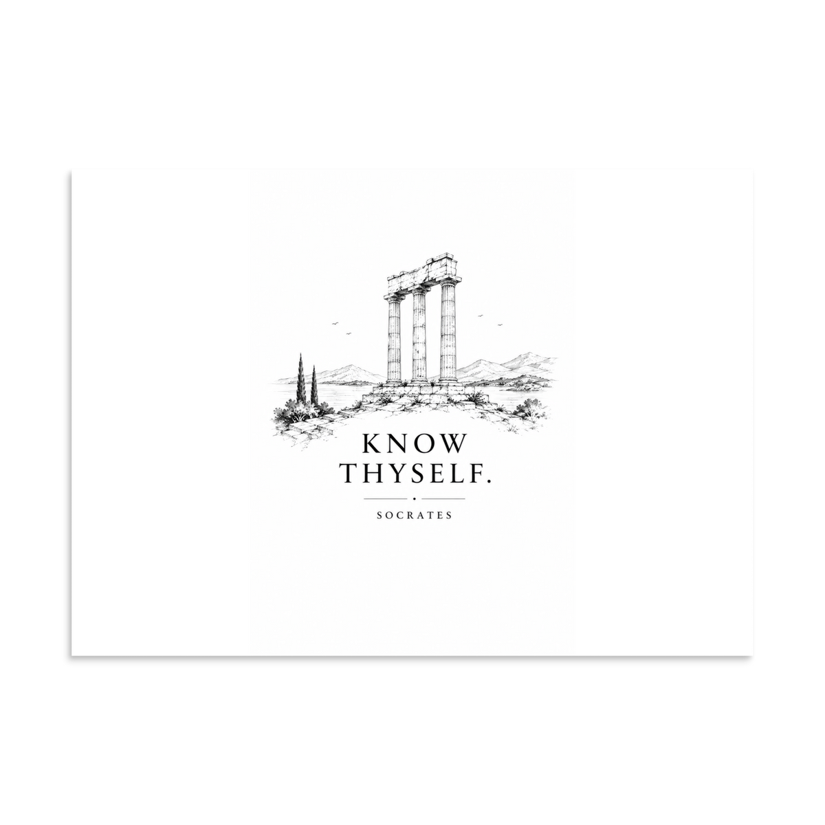 Poster featuring classical ruins and the Greek maxim “Know Thyself” in centered typography, 20″×28″ size.