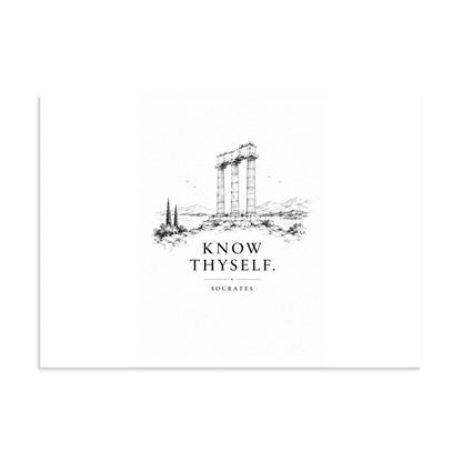 Poster featuring classical ruins and the Greek maxim “Know Thyself” in centered typography, 20″×28″ size.