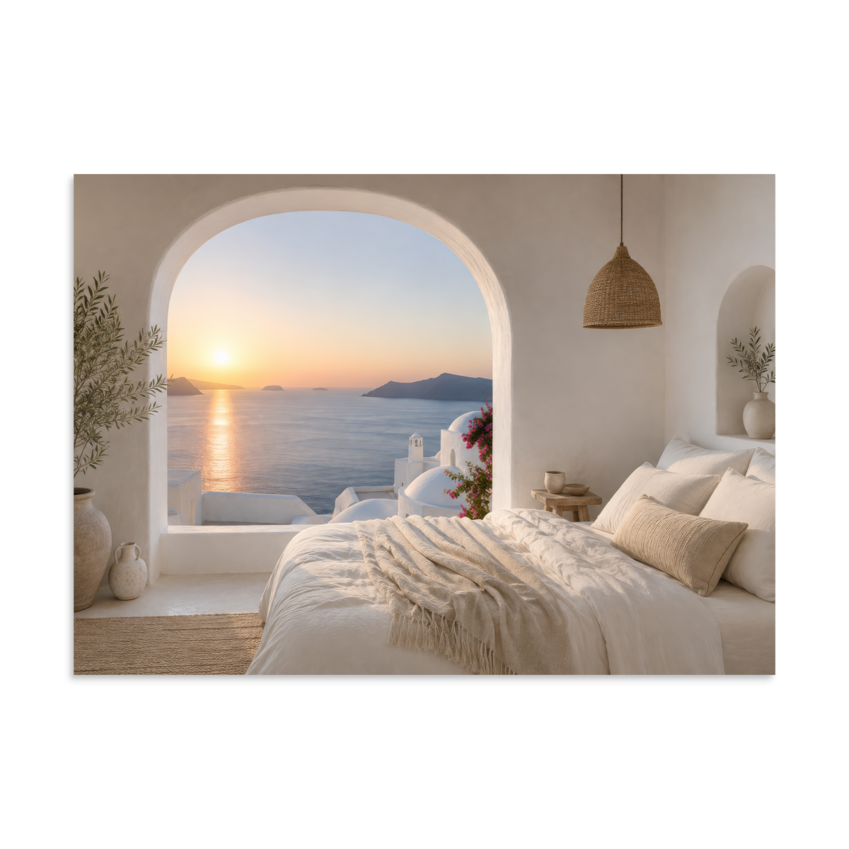 Illustrated Greek-island bedroom scene with whitewashed walls and sea-blue light, 20″×28″ size.