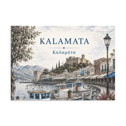 Illustrated Kalamata, Greece harbor scene with fishing boats, waterfront buildings, mountains, and an olive tree, titled “KALAMATA” and “Καλαμάτα”, 20″×28″ size.