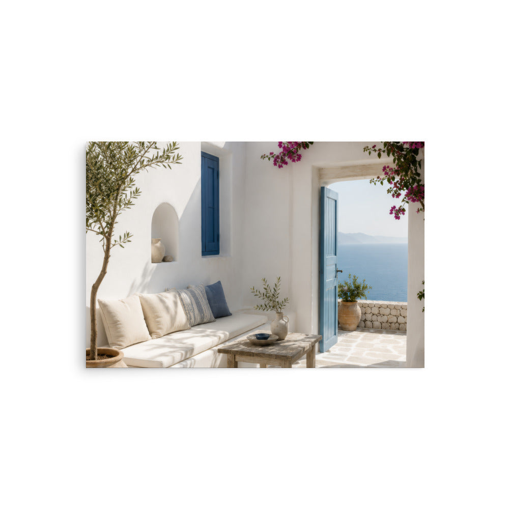 Illustrated Cycladic courtyard scene in white, blue, and stone tones — additional product photo.