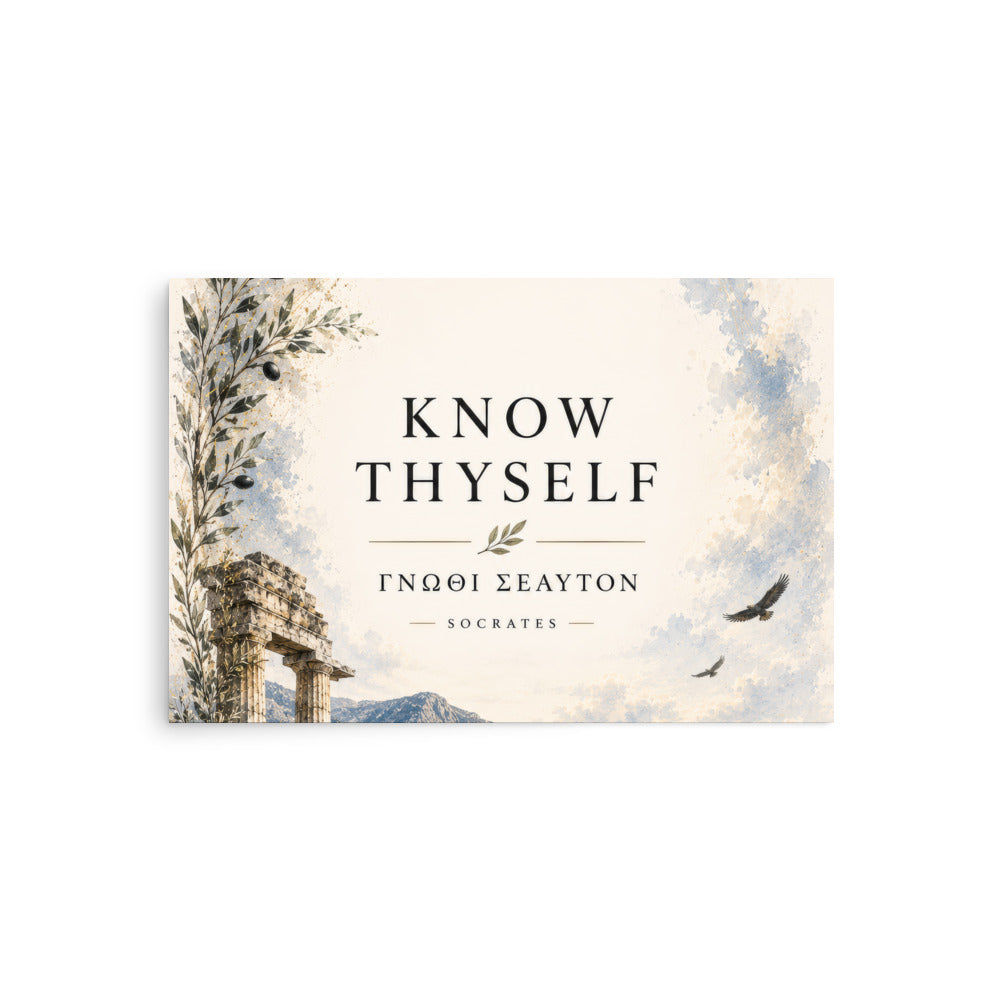 Poster featuring classical ruins and the Greek maxim “Know Thyself” in centered typography — additional product photo.