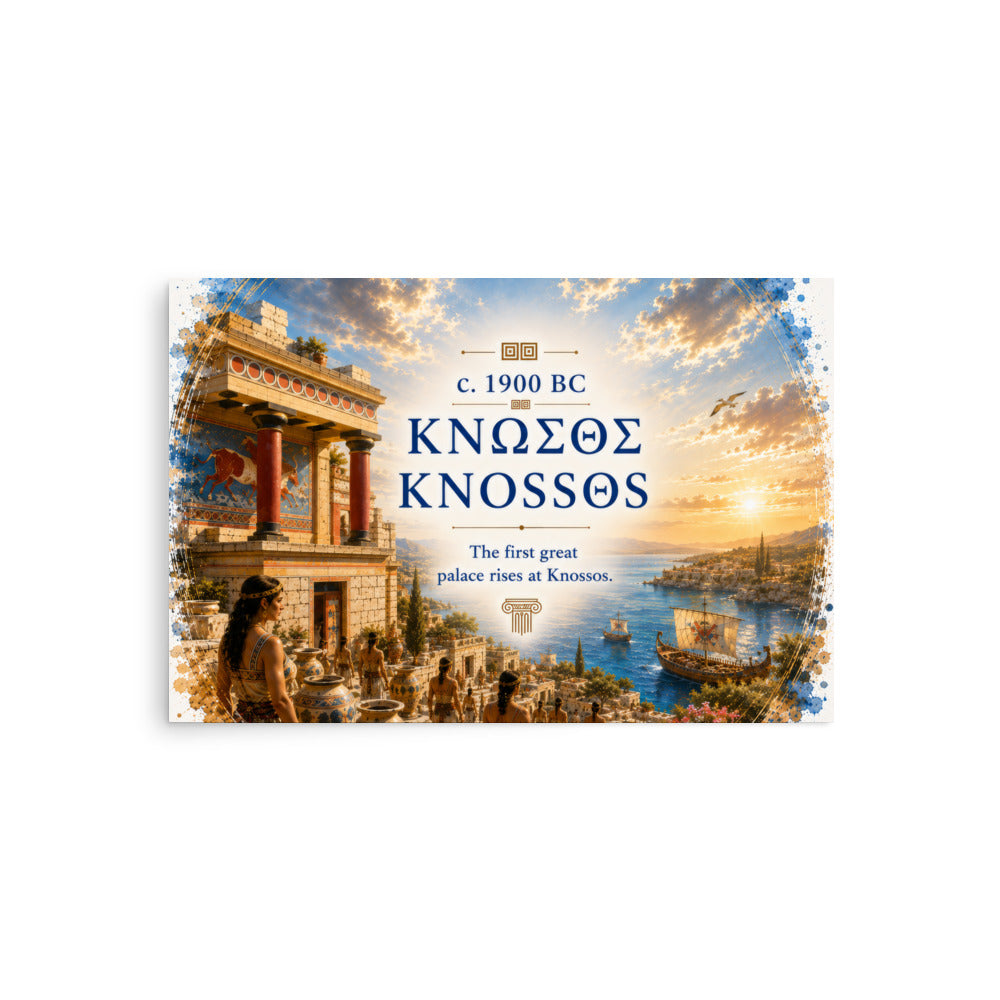 Illustrated poster interpreting ancient Knossos and Bronze Age Crete, 20″×30″ size.