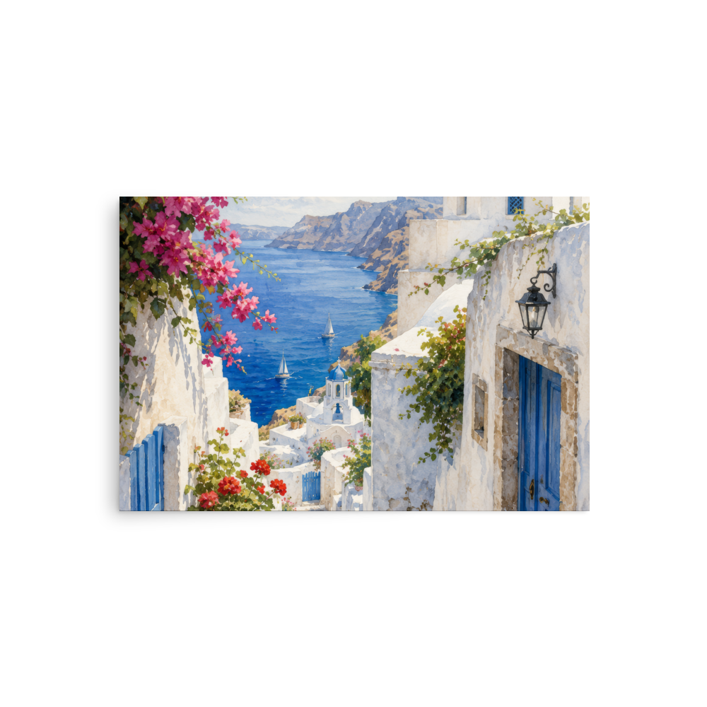 Illustrated poster of a Santorini courtyard scene, 20″×30″ size.