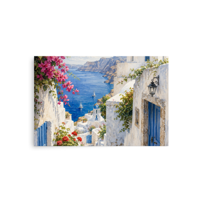 Illustrated poster of a Santorini courtyard scene, 20″×30″ size.